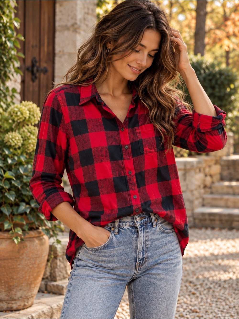 Gap Boyfriend Fit Red Black Buffalo Plaid Flannel Shirt Medium